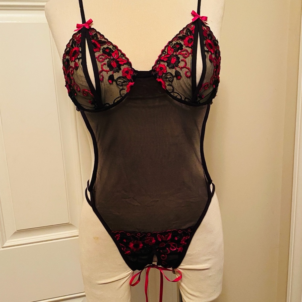 Frederick's of Hollywood Black Sheer Teddy with Pink Floral Embroidery